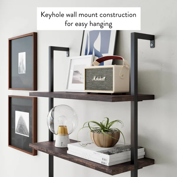 Nathan James Theo 4-Shelf Bookcase - Floating Wall Mount Shelves with Natural Wood and Industrial Pipe Metal Frame, Nutmeg/Black
