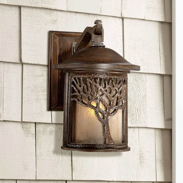 John Timberland Mission Outdoor Wall Light Fixture Bronze Tree Motif 12 1/4x22 Amber Glass Lantern for Exterior House Porch Pati