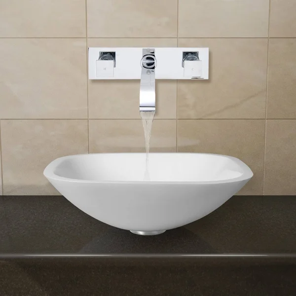 Vigo VGT221 Square Shaped White Phoenix Stone Glass Vessel Sink with Wall Mount Faucet - Chrome