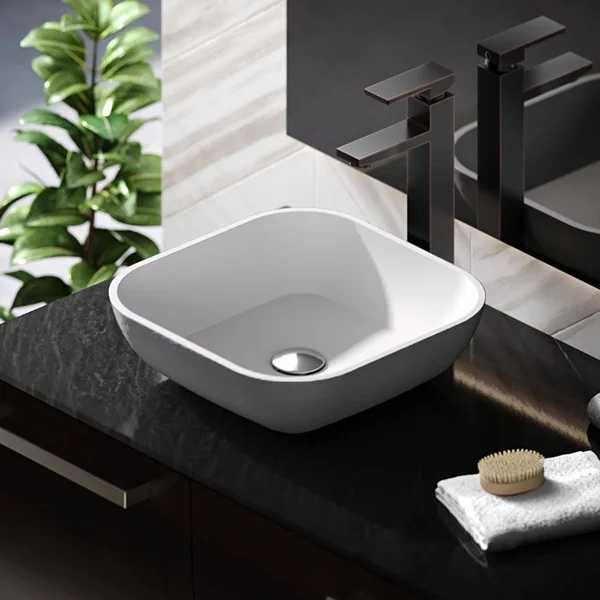 Rene R11-5003-Plt-R9-7003 Stone Composite Square Vessel Sink - Platinum, Chrome, Silver