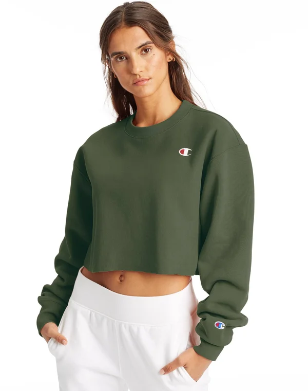 Champion Women's Reverse-Weave Cropped Cut-Off Hoodie - Green - XL