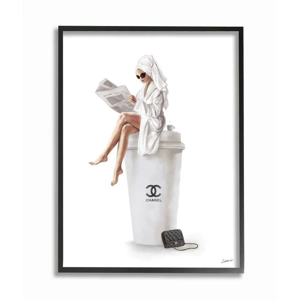 Stupell Industries Chic Fashion Coffee and Purse Female Robe Pose Framed Wall Art Design by Ziwei Li, 24 inch x 30 inch, Black F
