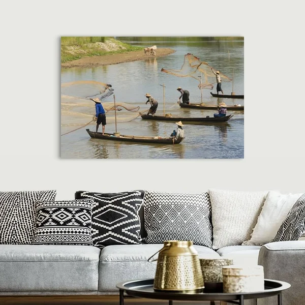 Fishermen Fishing on The River - Myanmar, Canvas Wall Art, 60x40, Great Big Canvas