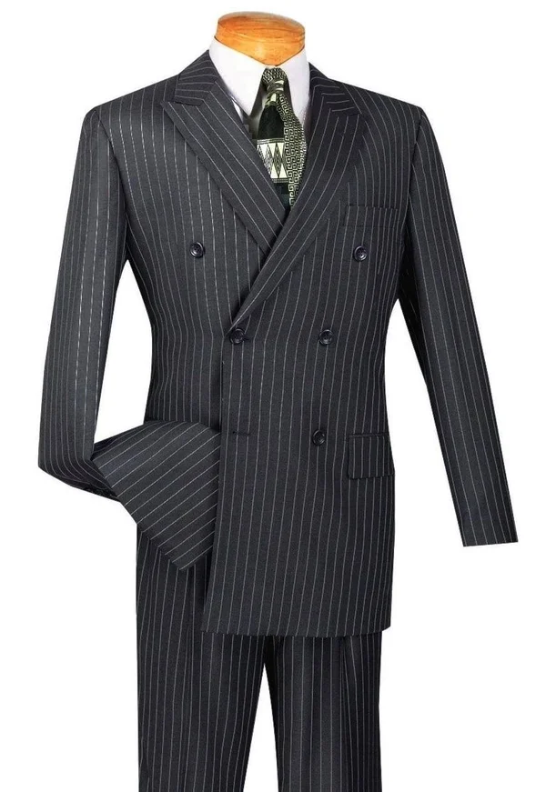 Vinci Men's Rockefeller Collection - Double Breasted Stripe Suit Charcoal Regular Fit 2 Piece 40 Long - 34 Waist, Charcoal