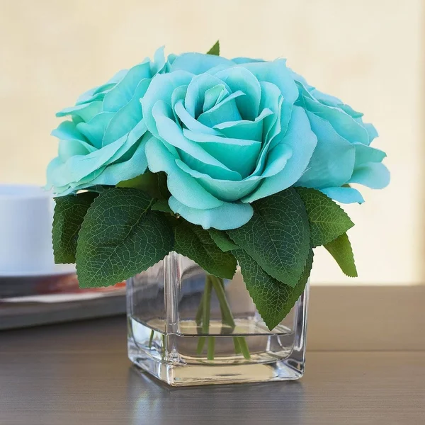 Enova Home 4 Large Heads Velvet Rose Flower in Cube Glass Vase with Faux Water