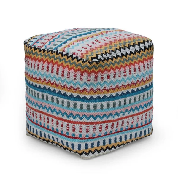 Noble House Rawson Fabric Handcrafted Peruvian Print Cube Pouf - Multi-Colored and White