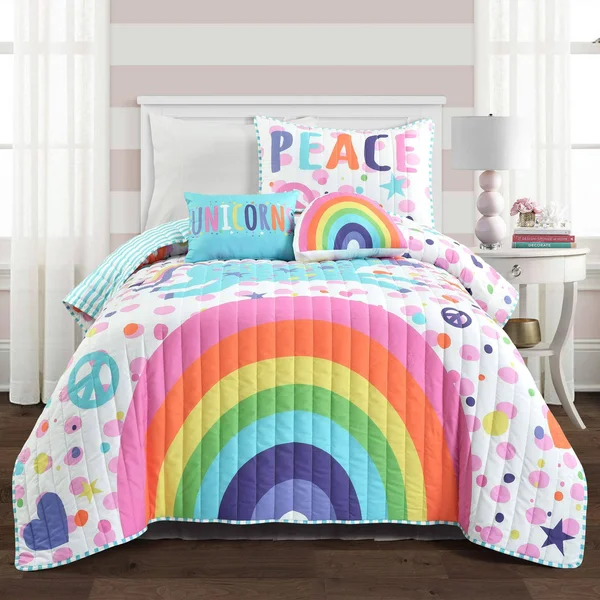 Lush Decor Unicorn Rainbow 4 Piece Quilt Set, Twin, White