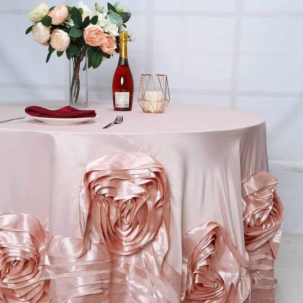 120x22 Blush Round Large Raised Roses Lamour Satin Tablecloth