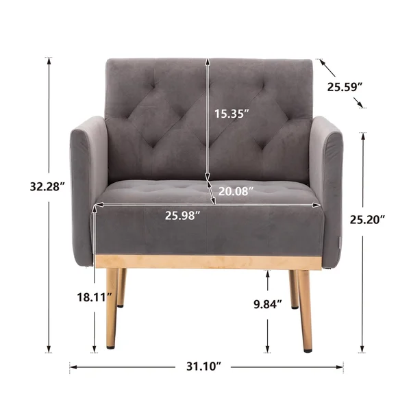 Velvet Upholstered Tufted Accent Chair with Rose Golden Feet - Grey