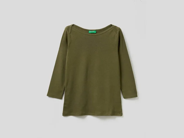 Benetton, T-Shirt with Boat Neck in 100% Cotton, Size XL, Military Green, Women