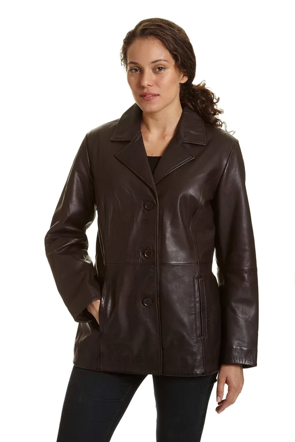 Excelled Leather Button-Front Jacket - Brown - Medium