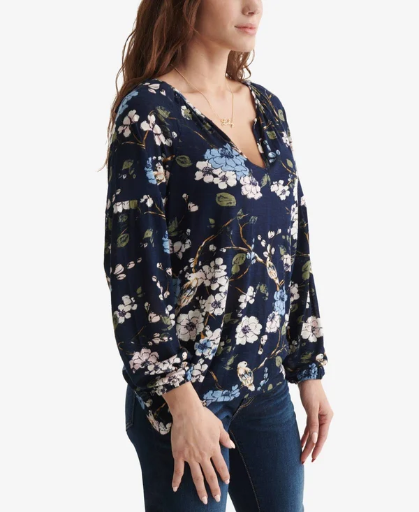 Lucky Brand Peasant Top 2 Women's Blouse Navy Multi : XL (US 12-14)