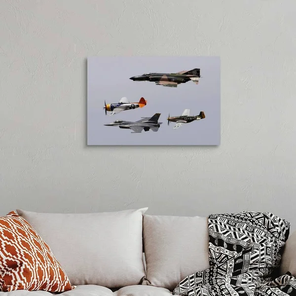 F-4 Phantom, P-47 Thunderbolt, F-16 Fighting Falcon and P-51 Mustang, Large Solid-Faced Canvas Wall Art Print, Great Big Canva