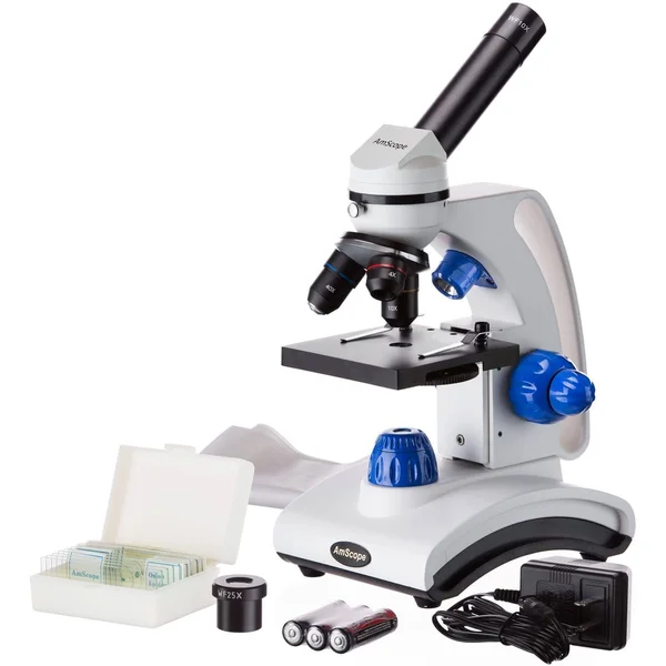 Amscope 40X-1000X Dual Light Glass Lens Metal Frame Student Microscope + Slides