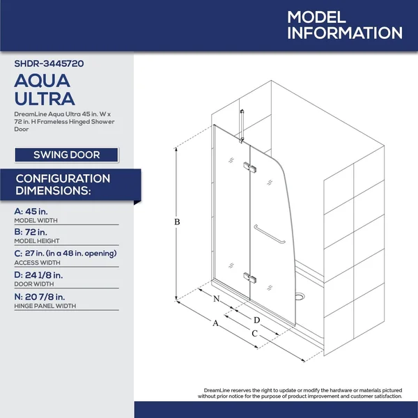 DreamLine Aqua Ultra 32 in. D x 60 in. W x 74 3/4 in. H Frameless Shower Door in Chrome and Right Drain White Base Kit