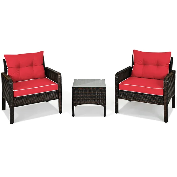 3 Pcs Patio Furniture Set PE Rattan Wicker Outdoor Sofa Set - Red