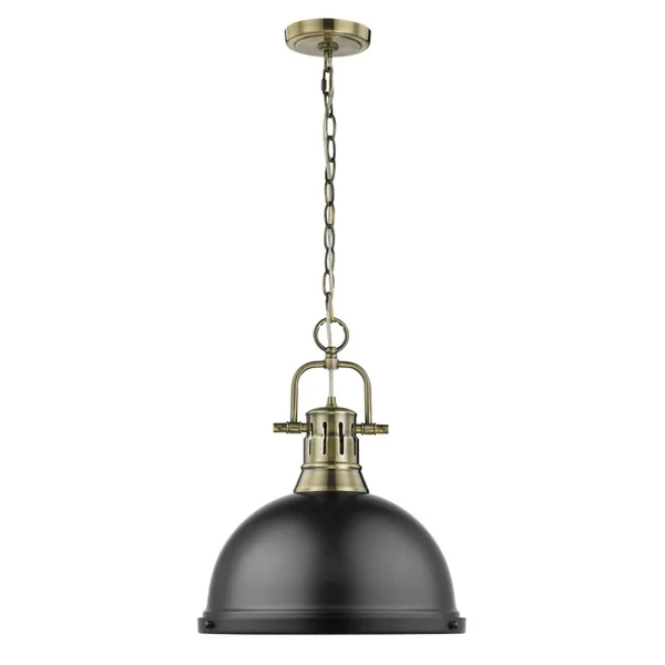 Golden Lighting 3602-S AB-BLK Duncan Small Pendant Light with Chain & Matte Black Shade Aged Brass