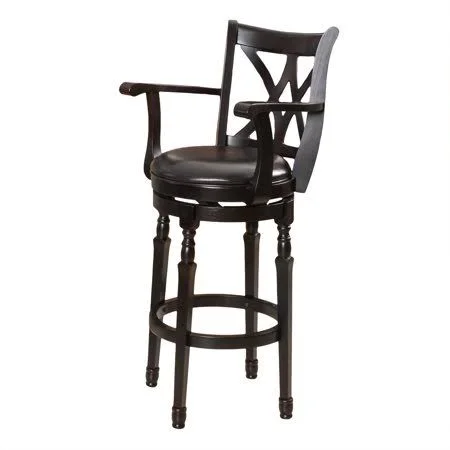 Noble House Eaton Armed Black Bonded Leather Swivel Barstool