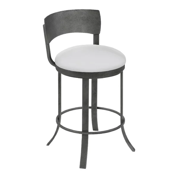 Taylor Gray Home Stella 26x22 Counter Height Metal Swivel Barstool in Aspen Pure White Faux Leather & Silver Bisque Finish