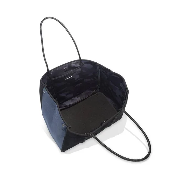 Haute Shore Greyson Plush Tote Purse Black Velvet, Navy Sides Bag