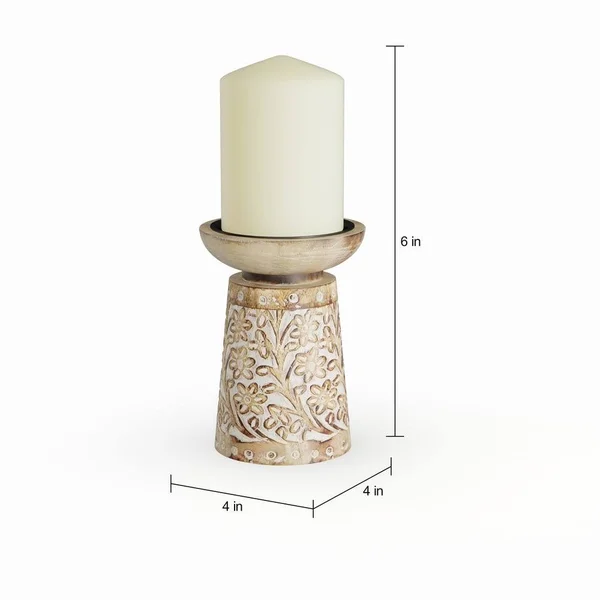 The Curated Nomad Buckroe 3-Piece Mango Wood and Iron Carved Floral Candle Holder Set - Brown