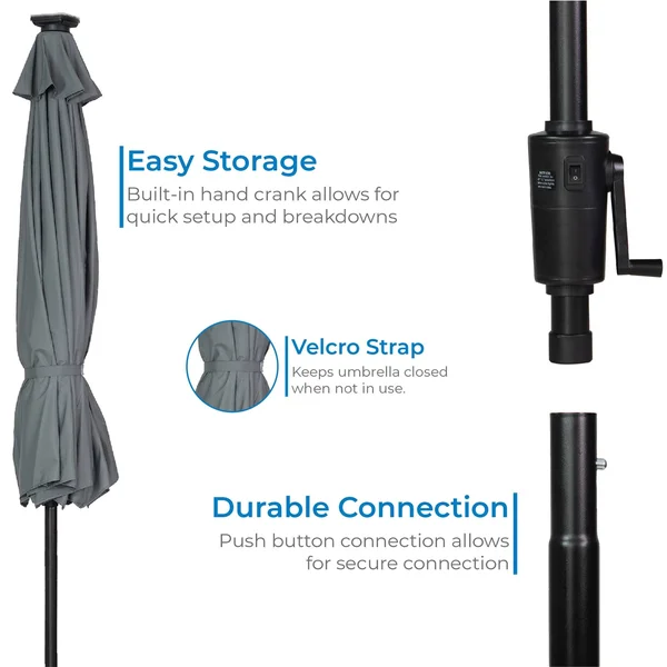 Sun Ray - 9' Round 8Rib Solar Lighted Umbrella - Grey