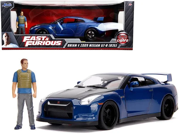 2009 Nissan GT-R (R35) Blue Metallic and Carbon with Lights and Brian Figurine