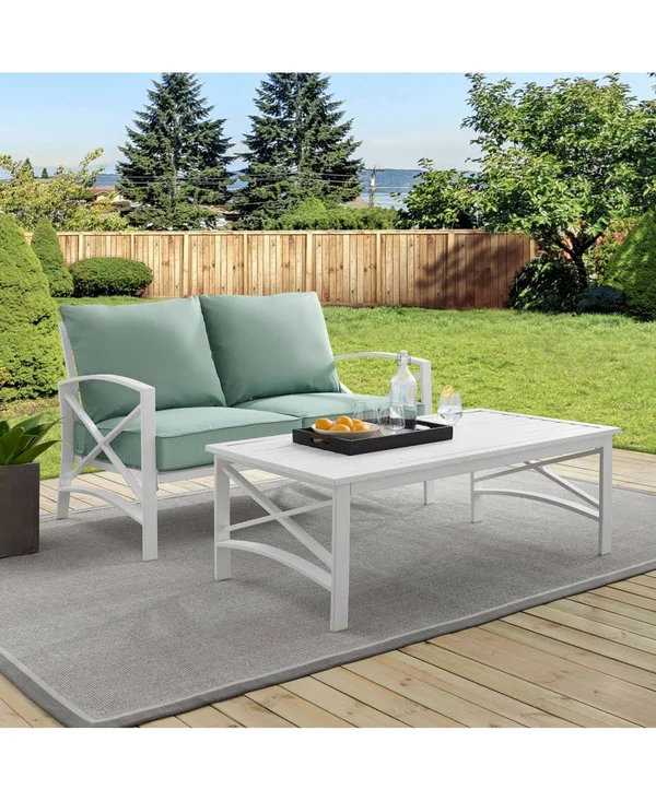 Crosley Kaplan 2-Piece Outdoor Seating Set, White, Gray Cushions, Loveseat, Coffee Table