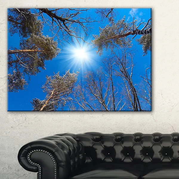 Design Art Bright Sun in The Tree Top Circle - Modern Forest Canvas Wall Art - Blue - 40 in. Wide x 30 in. High