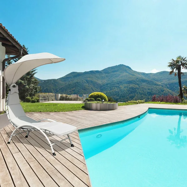 Gymax Hanging Chaise Lounger Chair Arc Stand Porch Swing Hammock Chair w/ Canopy Khaki - Beige