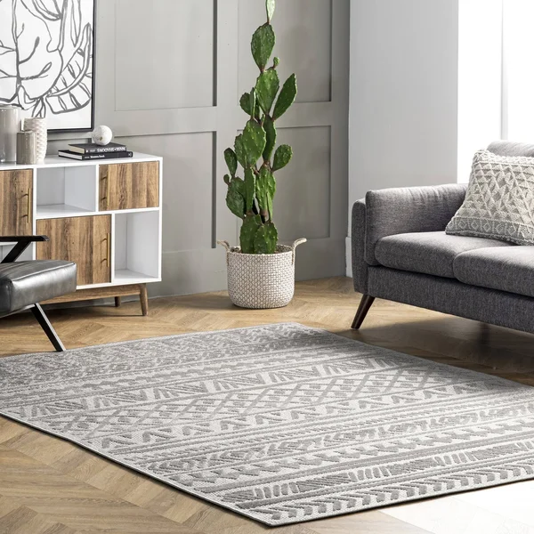 nuLOOM Mikala Raised Tribal Light Gray 6 ft. 7 in. x 9 ft. Indoor/Outdoor Area Rug