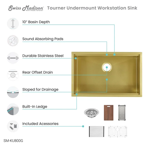 Tourner 30x22 x 19x22 Stainless Steel - Single Basin, Undermount Kitchen Workstation Sink in Gold