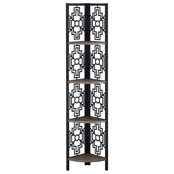 Monarch Bookcase - 62x22H, Dark Taupe, Black Metal Corner Etagere