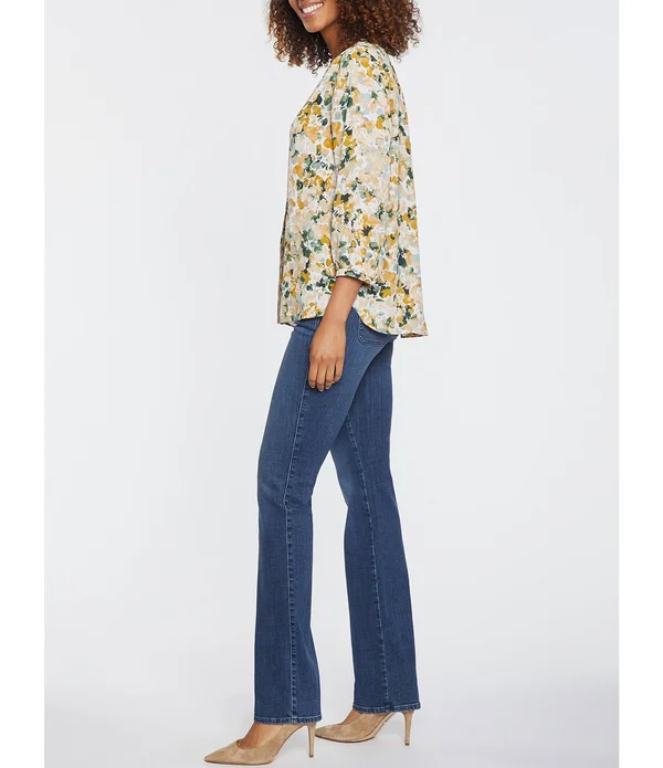 Nydj Westport Bouquet Print Split Round Neck 34 Sleeve Pintuck Blouse - M