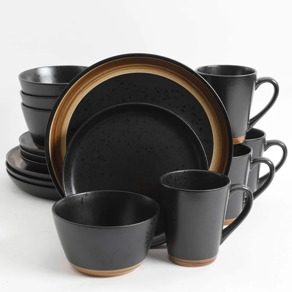Gibson Tosca Woodlands 16 PC Black Dinnerware Set, with with Brown Woodlook, Trim Stoneware