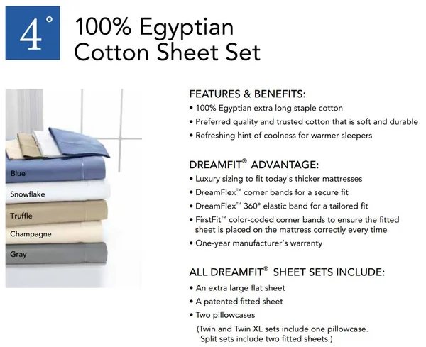 Degree 4 DreamFit 100% Egyptian Cotton Sheets Set (Snowflake, King)