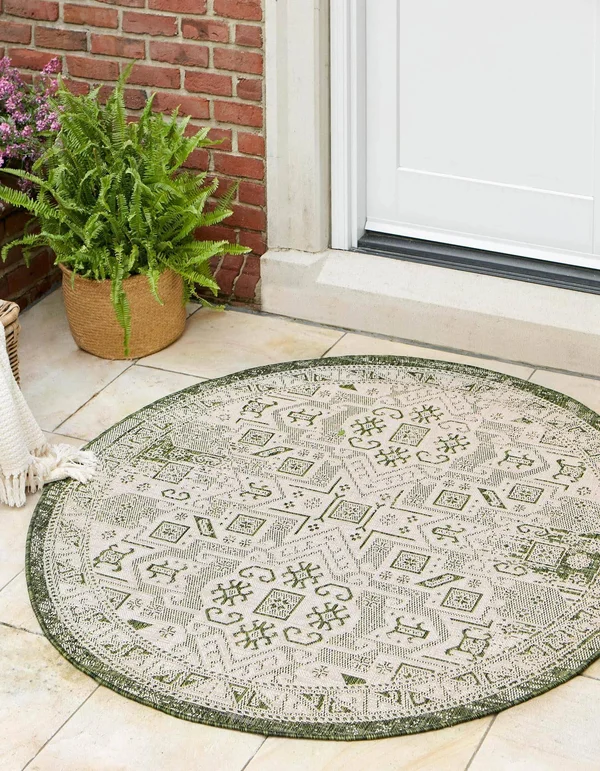Outdoor Aztec Green 10 ft Round Round Area Rug Indoor Outdoor Rug