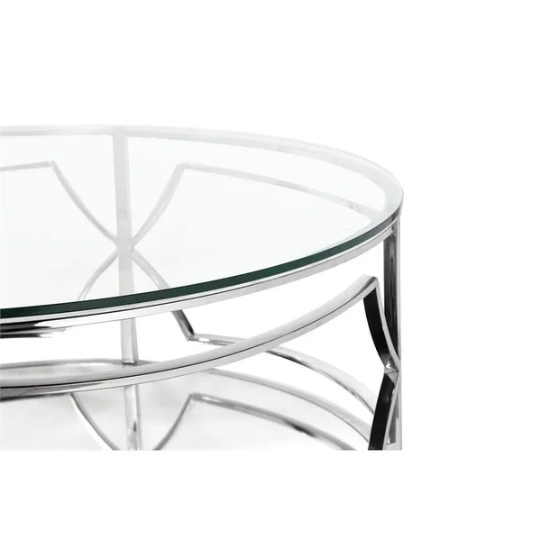Pangea Home Edward Metal Round Coffee Table with Glass in Silver