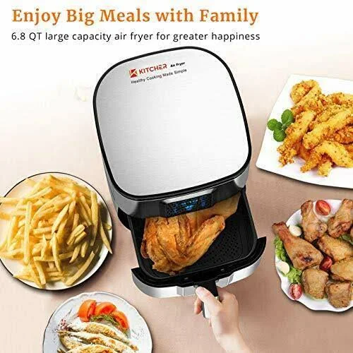 Kitcher 6.8qt Air Fryer, 1700W Toaster Oven & Oilless Cooker with Temperature Control, LED Touch Screen with 8 Presets, 50 R