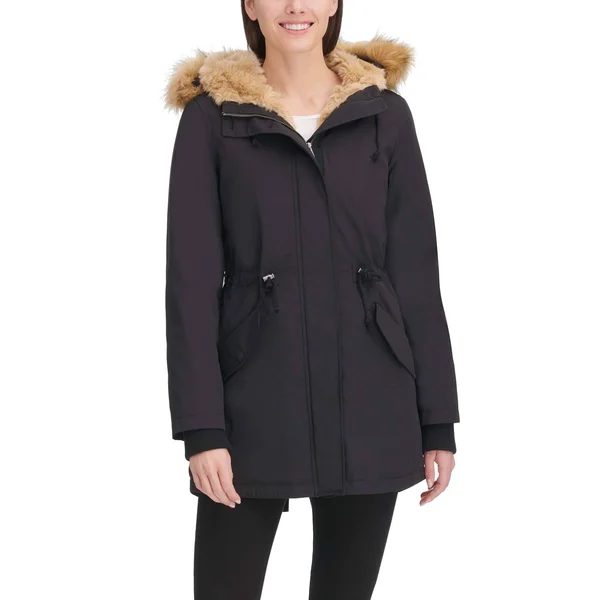 Levi&s Women's Arctic Cloth Faux-Fur-Trim Parka - Black w/ Tan Fur