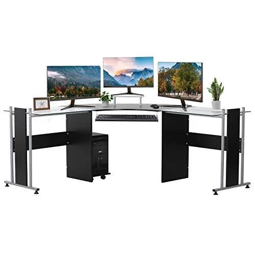 HOMCOM 69x22 Modern L-Shaped Tempered Glass Office Computer Desk with Elevated Monitor Stand, Rolling CPU Holder, Pull Out Keybo