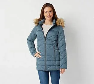Nuage Stretch Diagonal Quilted Coat with Removable Hood, Size Large, Soft Blue