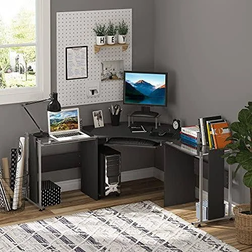 HOMCOM 69x22 Modern L-Shaped Tempered Glass Office Computer Desk with Elevated Monitor Stand, Rolling CPU Holder, Pull Out Keybo