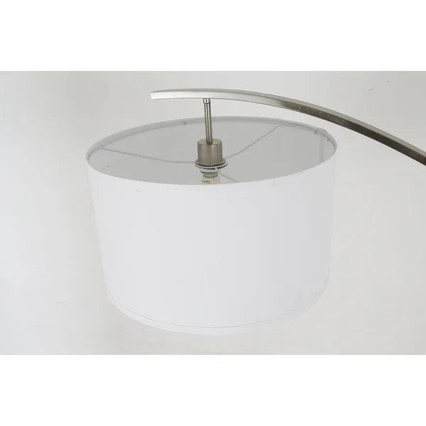 Q-Max Arched Floor Lamp with White Drum Shade, Black Wood Pole, and Metal Base