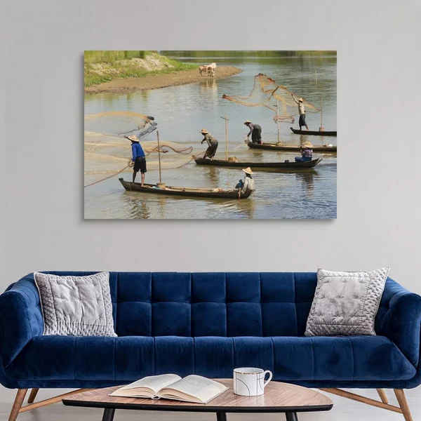 Fishermen Fishing on The River - Myanmar, Canvas Wall Art, 60x40, Great Big Canvas