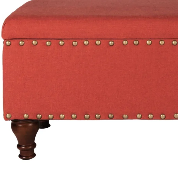Fabric Upholstered Wooden Storage Bench with Nail Head TRIM, Large, Orange and Brown