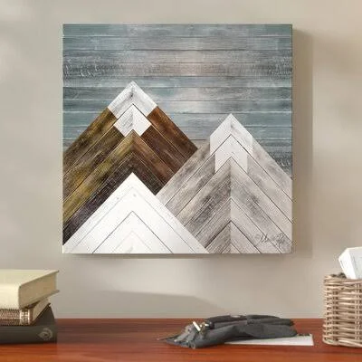 Union Rustic 'Wood Inlay Mountains I' Graphic Art Print on Canvas - White