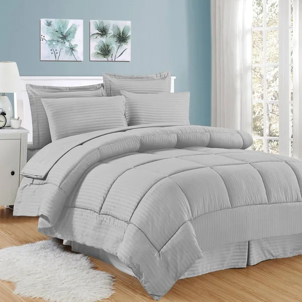 Soft Dobby 8-Piece Striped Down Alternative Bed-in-a-Bag Set w/ Sheets - Silver - Queen