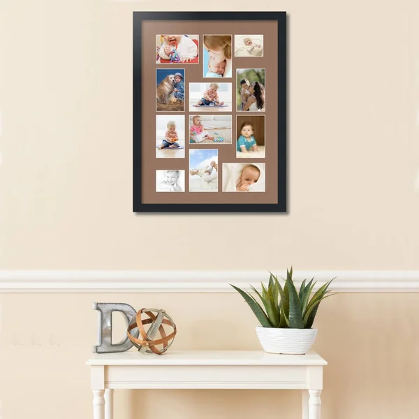 Collage Picture Frame - Satin Black Frame with 12 openings for 4x6 Photos with Brown Sandpiper Mat. D3926DJ465, ArtToFrames
