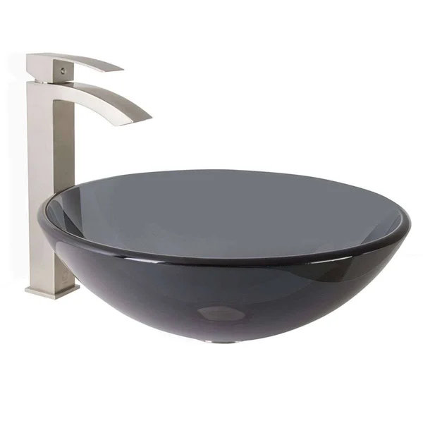Vigo VGT1035 Sheer Black Glass Vessel Bathroom Sink and Duris Bathroom Vessel Faucet in Brushed Nickel